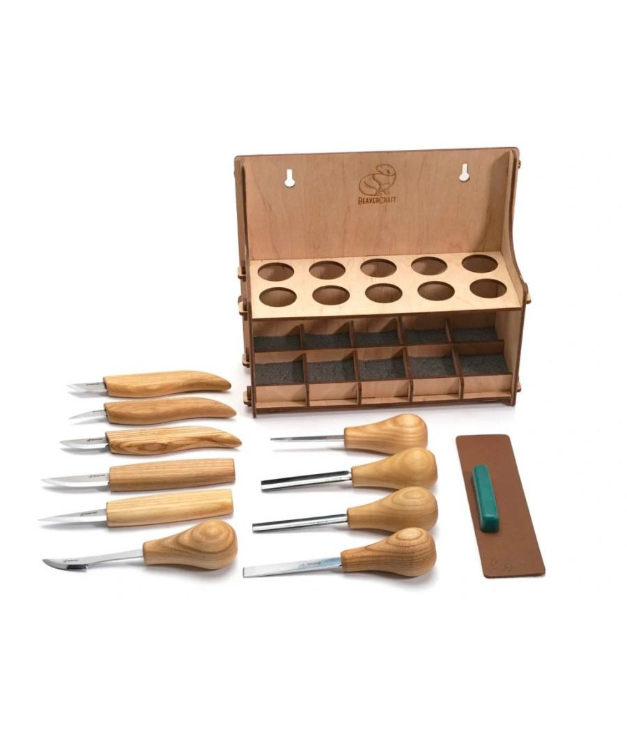 BeaverCraft řezbářské nářadí sada S52, 10 nožů + broušení a stojan