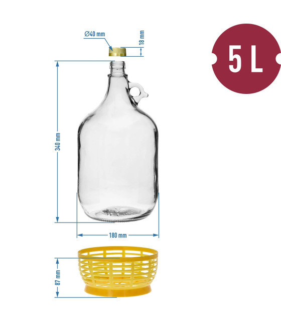Demižón 5L s korkem, horizontální trubicí a šroubovacím uzávěrem