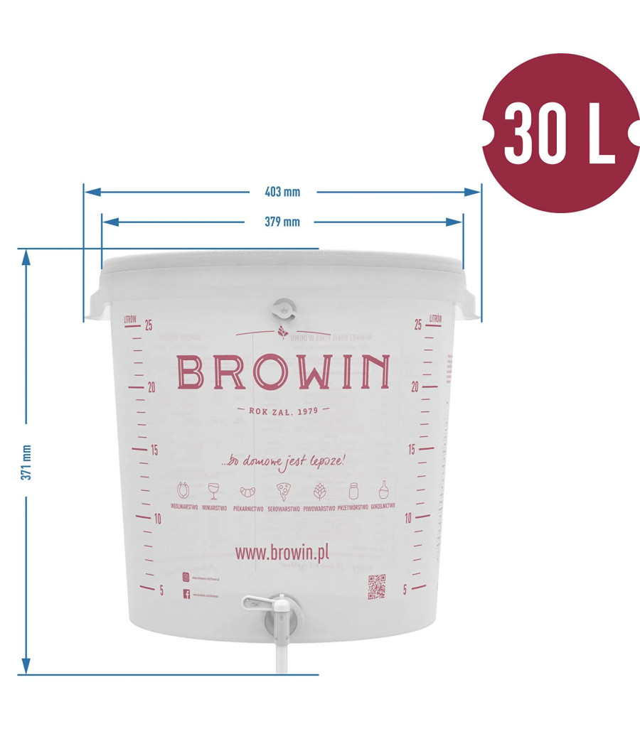 30 l fermentační nádoba s víkem Browin, kohoutkem a UA hadičkou